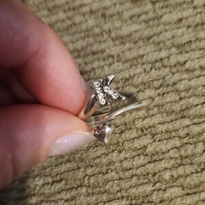 Sparkling Silver 'K' Initial Ring with Heart Charm